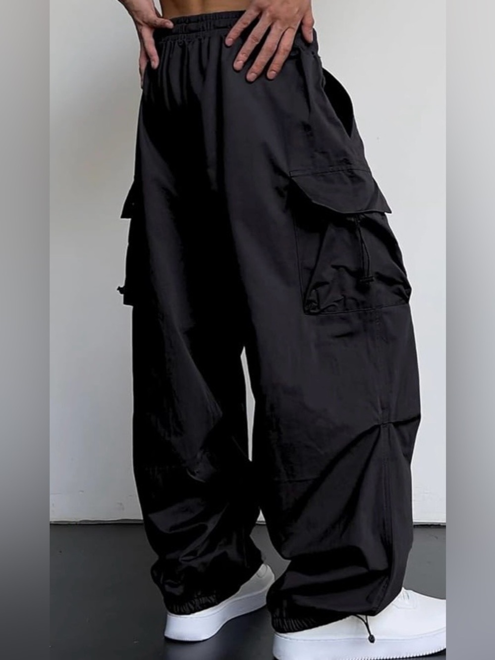 Men's Black Cargo Pants with Elastic Waist and Utility Pockets - Picture 2 of 9